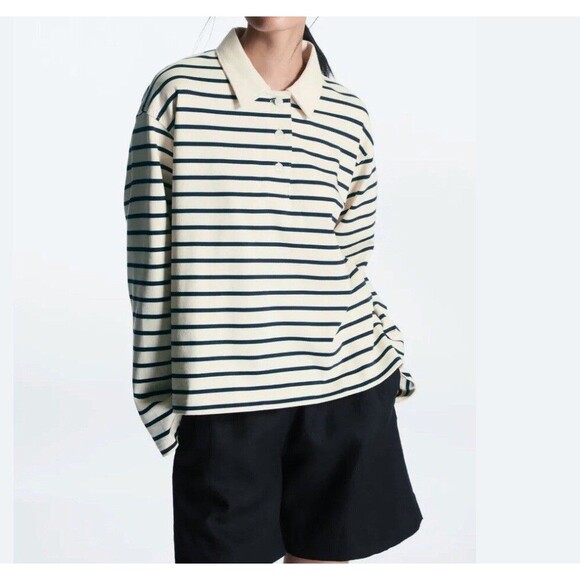 COS Long Sleeve Polo Shirt Navy Stripe Womens Large Oversize Classic - Picture 1 of 12